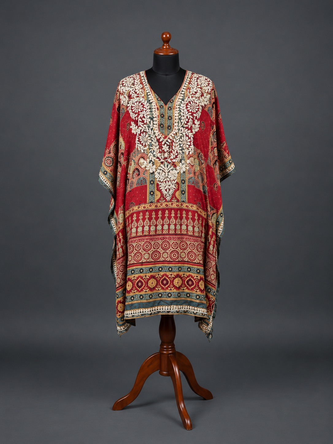 Masnavi silk-D chikankari Kaftan - Crimson Heritage Print
