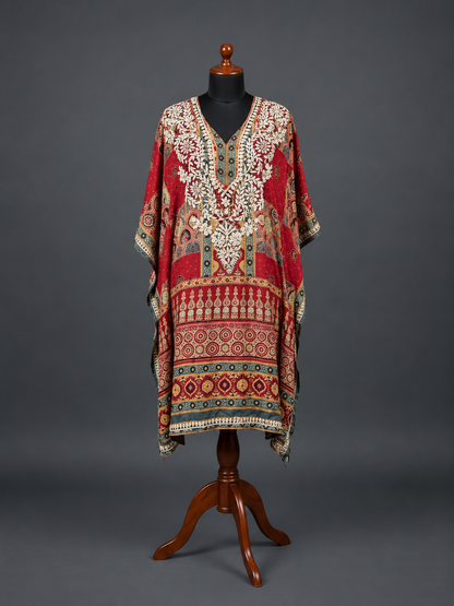 Masnavi silk-D chikankari Kaftan - Crimson Heritage Print