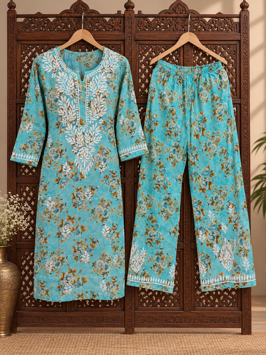 Masnavi teal blue printed mulmul kurti set