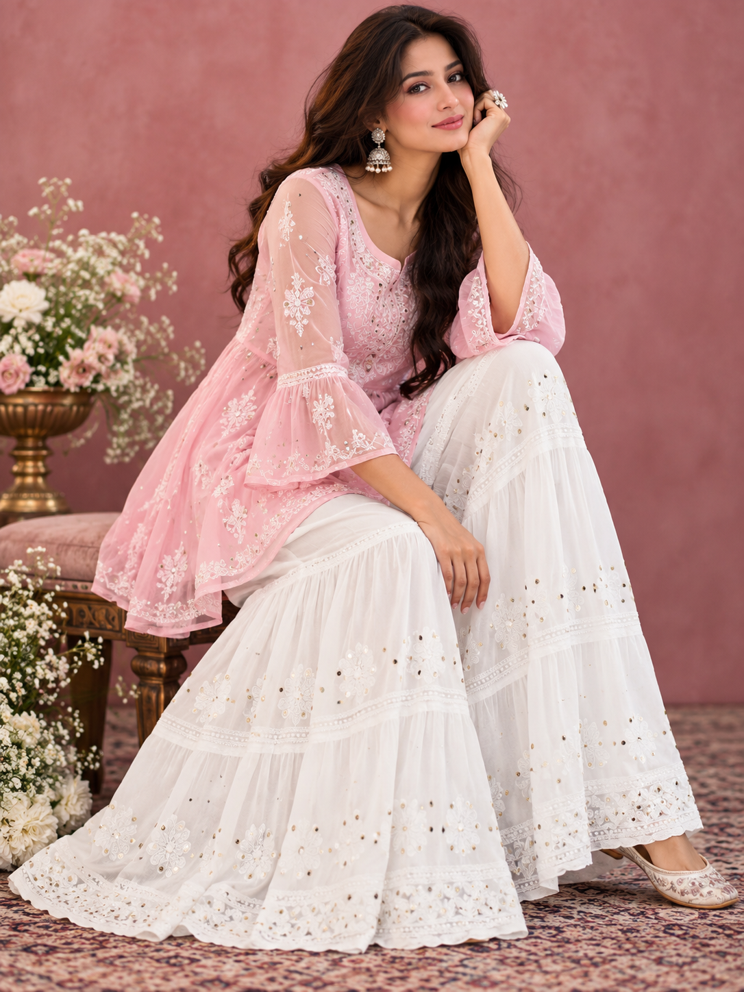 Matching Designer georgette chikankari sharara white