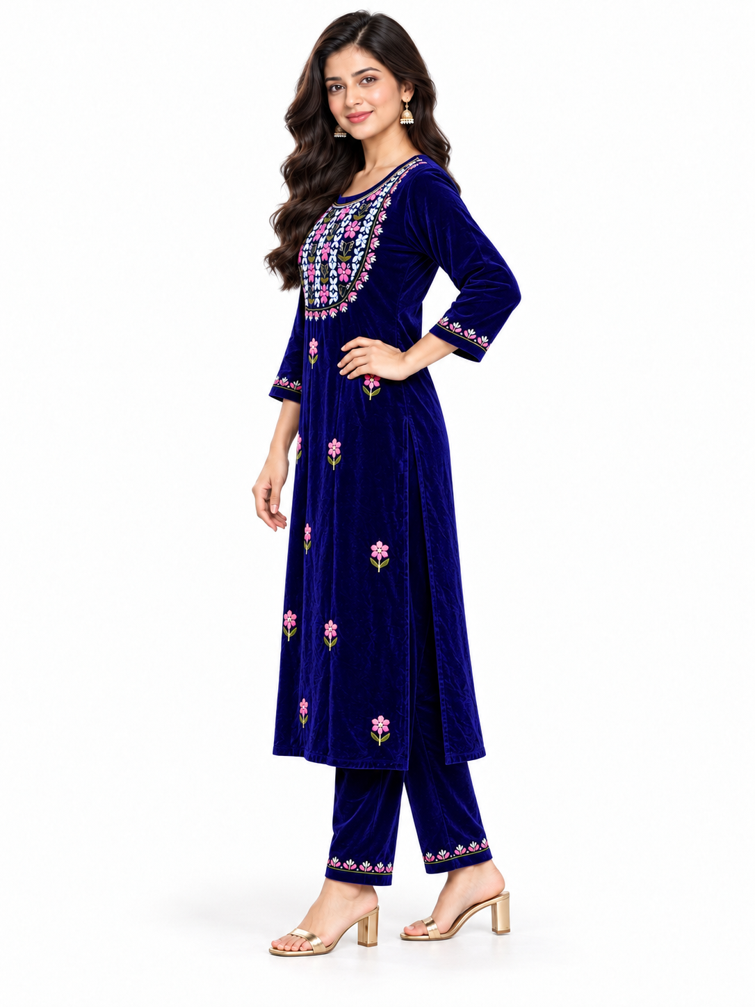 Mettalic blue velvet chikankari set