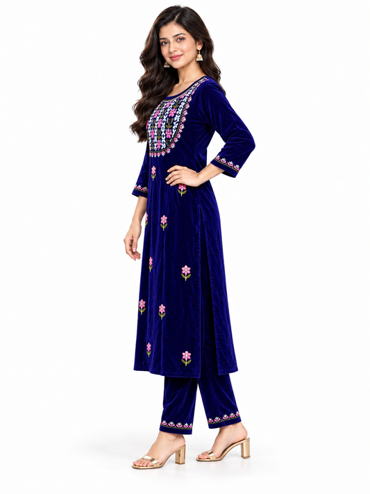 Mettalic blue velvet chikankari set