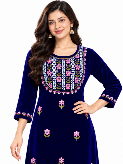 Mettalic blue velvet chikankari set