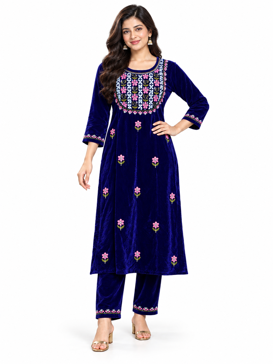 Mettalic blue velvet chikankari set