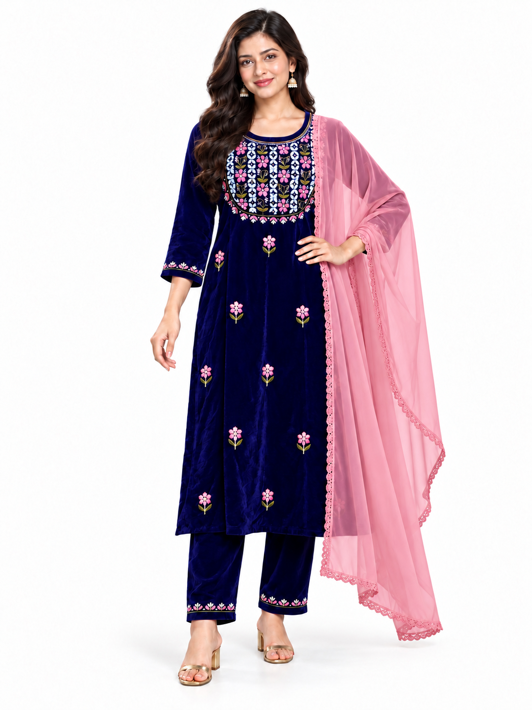 Mettalic blue velvet chikankari  two piece set