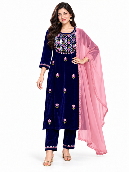 Mettalic blue velvet chikankari  two piece set