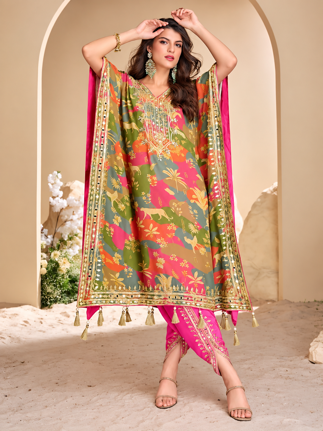 Multi-Pastel Tropical Safari Kaftan Suit Set