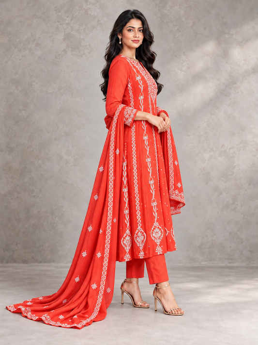 Mumtaz pure mul-chanderi chikankari anarkali long dress -by Masnavi
