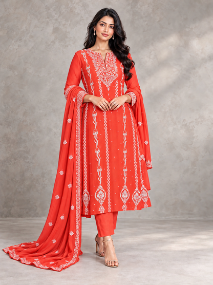 Mumtaz pure mul-chanderi chikankari anarkali long dress set-Masnavi