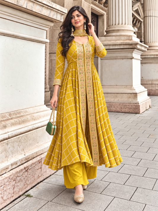 Mustard Yellow Viscose Jacquard Silk Dress