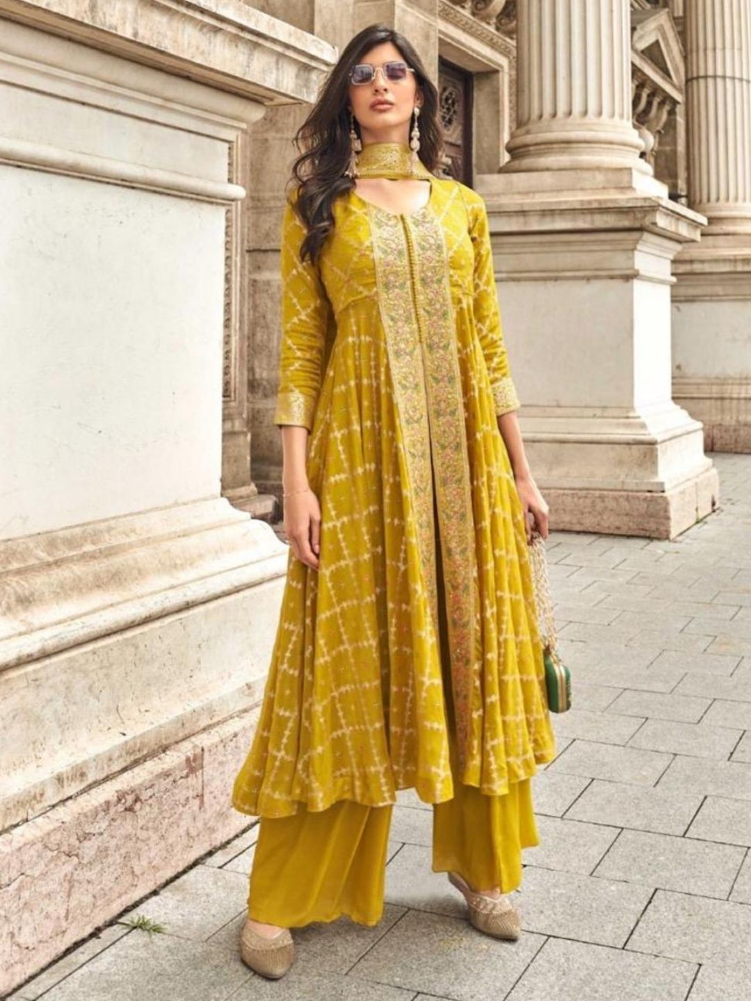 Mustard Yellow Viscose Jacquard Silk Dress Set with Hand Embellished Work
