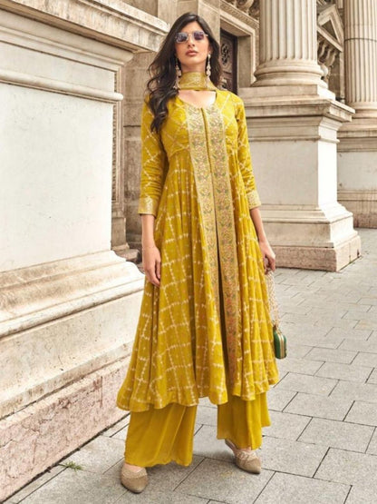 Mustard Yellow Viscose Jacquard Silk Dress Set with Hand Embellished Work