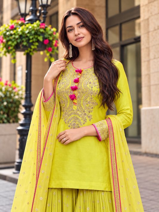 Mustard_green_Chaand_raat_silk_gharara_set