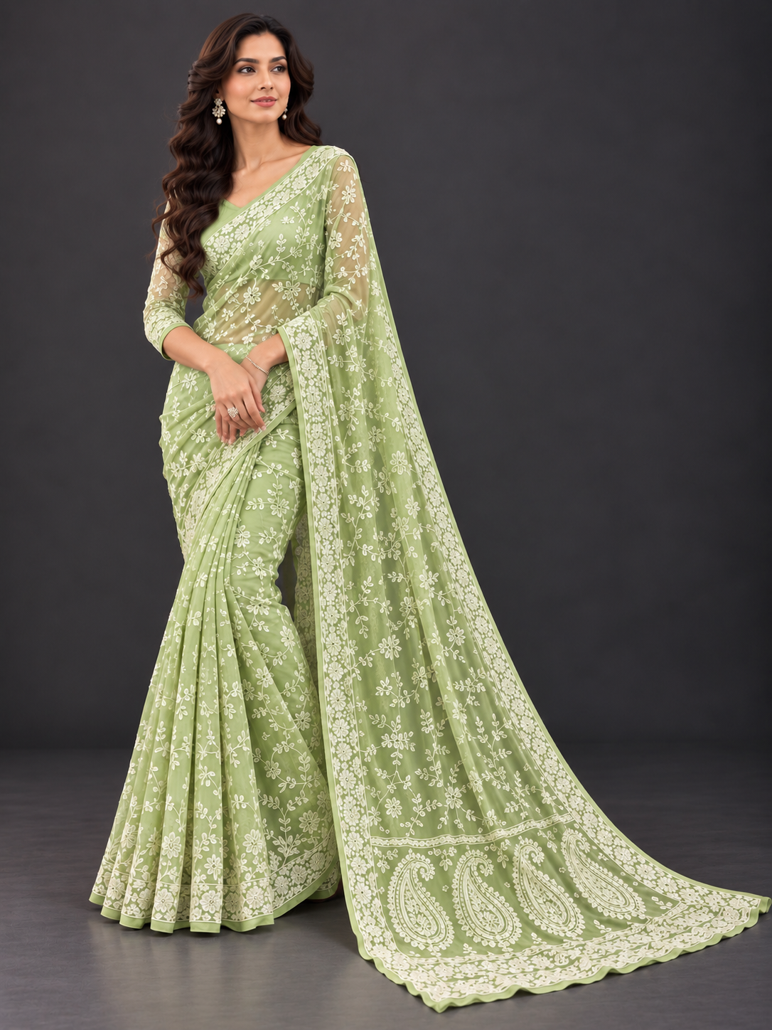 Naaz lime green georgette chikankari saree
