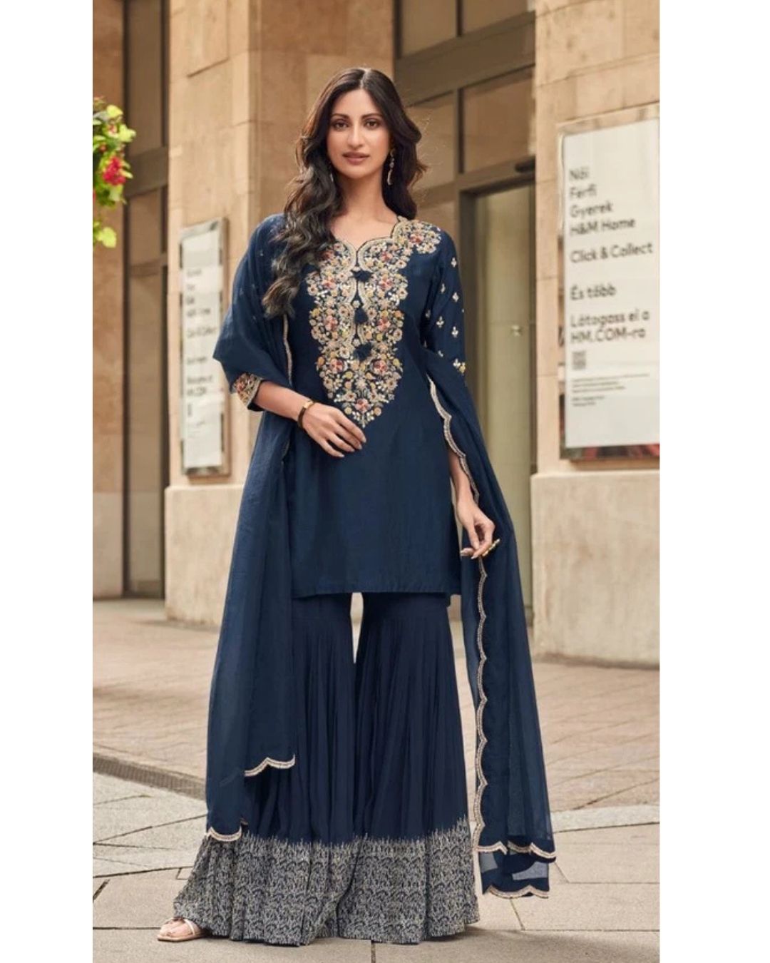 Navy Blue Chaand Raat Silk Kurta Gharara Set with Dupatta