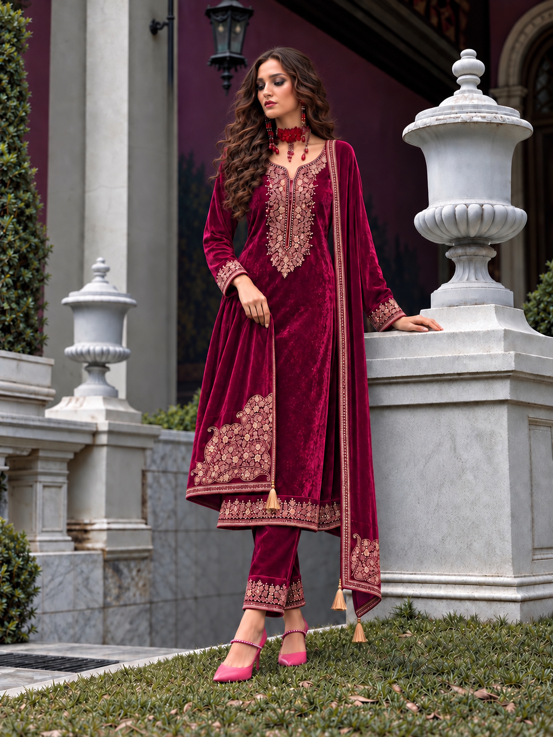 Nazakat makhmali Velvet Suit-Fuchia