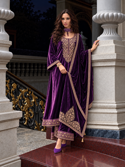 Nazakat makhmali Velvet Suit-Violet