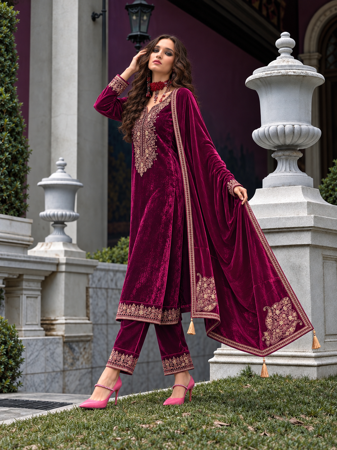 Nazakat makhmali Velvet Suit set-Fuchia