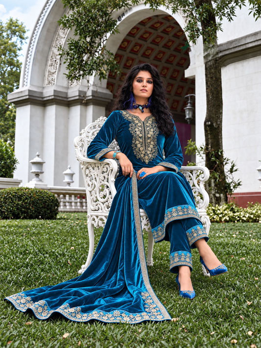 Nazakat makhmali embroidered Velvet Suit_Peacock Blue