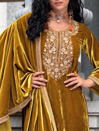 Nazakat makhmali embroidered Velvet Suit- Gold