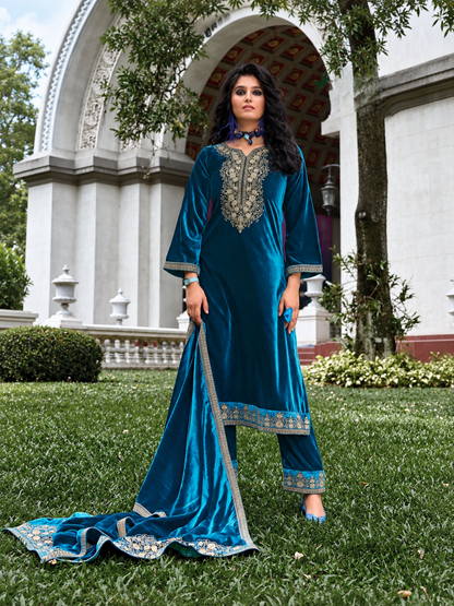 Nazakat makhmali embroidered Velvet Suit Set - Peacock Blue