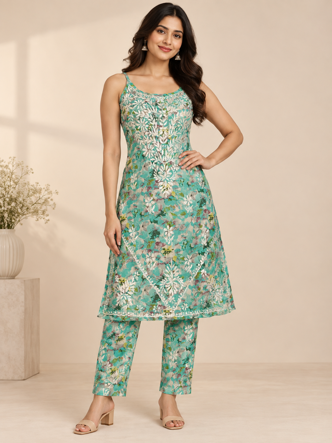 Neesa printed mulmul noodle strap long kurti