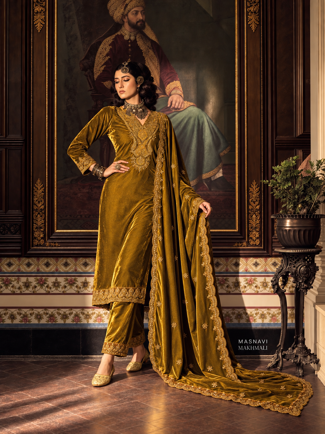 Noorjahan Makhmali Embroidered Velvet Suit Set - Antique Gold