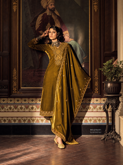 Noorjahan Makhmali Embroidered Velvet Suit Set - Antique Gold