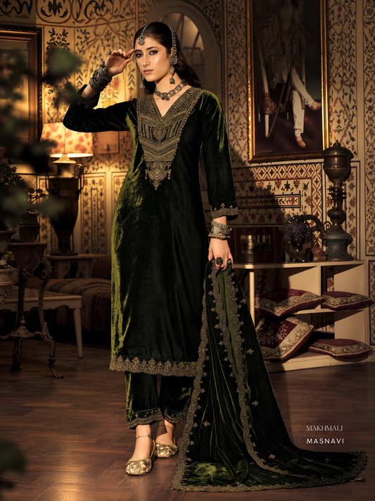 Nazakat Makhmali Embroidered Velvet Suit Set - Olive Green