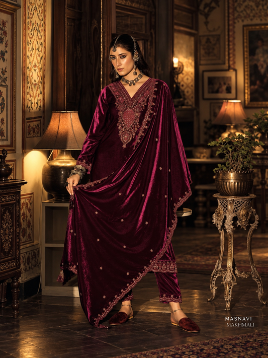 Noorjahan Makhmali Velvet Suit-Mulberry