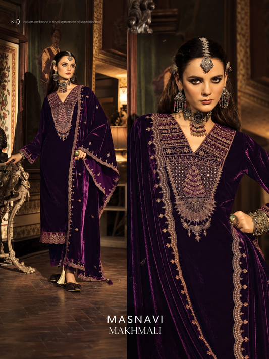 Noorjahan makhmali Embroidered Velvet Suit Set - Violet