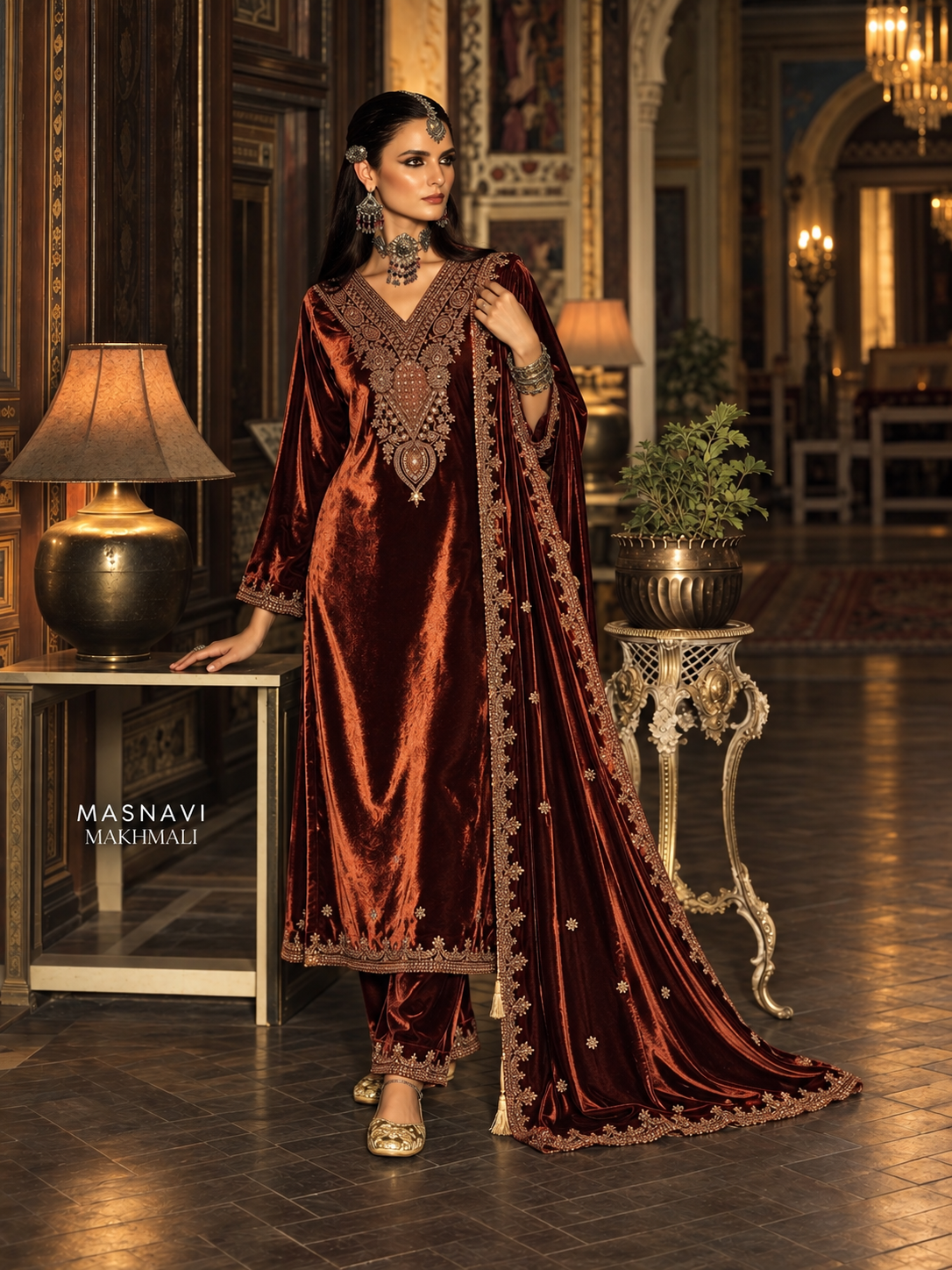 Noorjahan makhmali Velvet Suit- Bronze