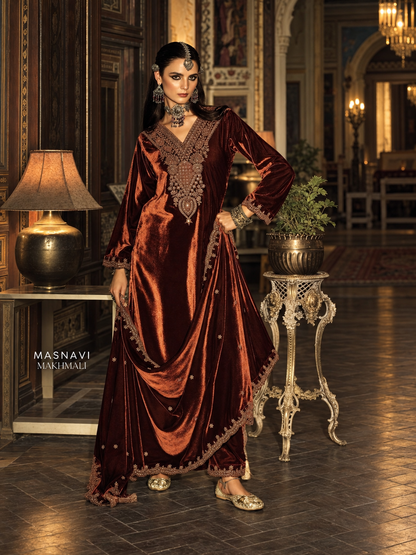 Noorjahan makhmali Velvet Suit- Bronze