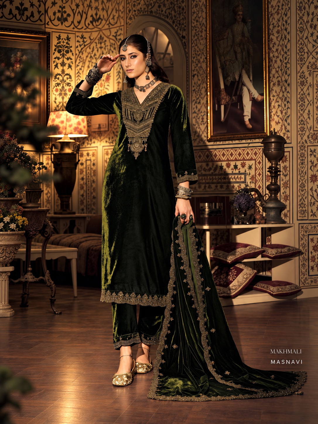 Noorjahan makhmali Velvet-Deep green