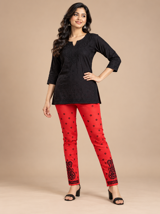 Nyka chikankari cotton pant black on red