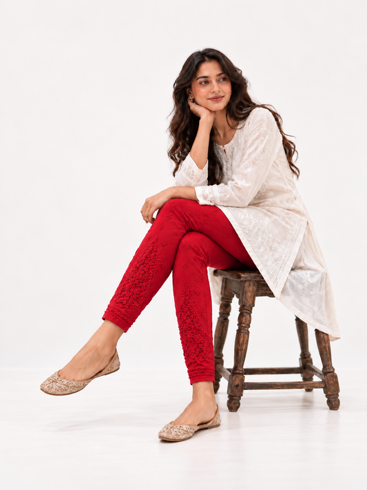Nyka chikankari cotton pant red on red