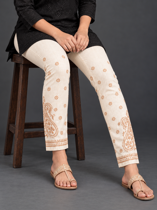 Nyka Churidar Cotton pants latte on ochre with side pockets and drawstrings to tie on elasticwaistband