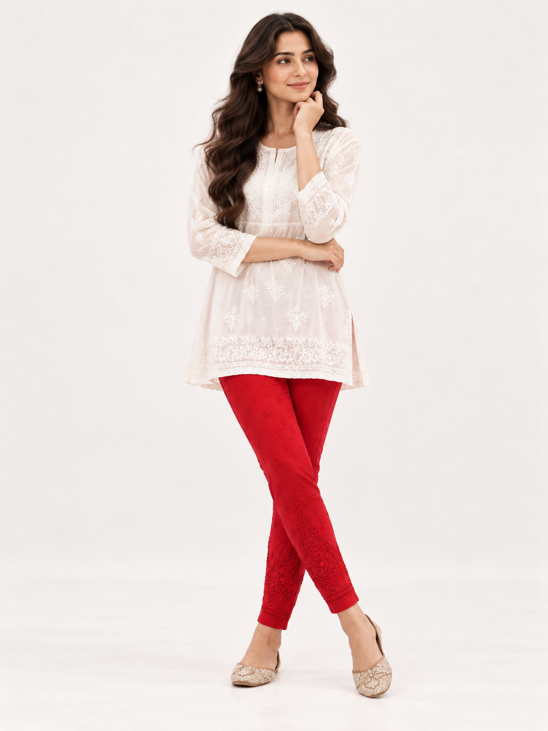 Nyka chikankari cotton pant red on red