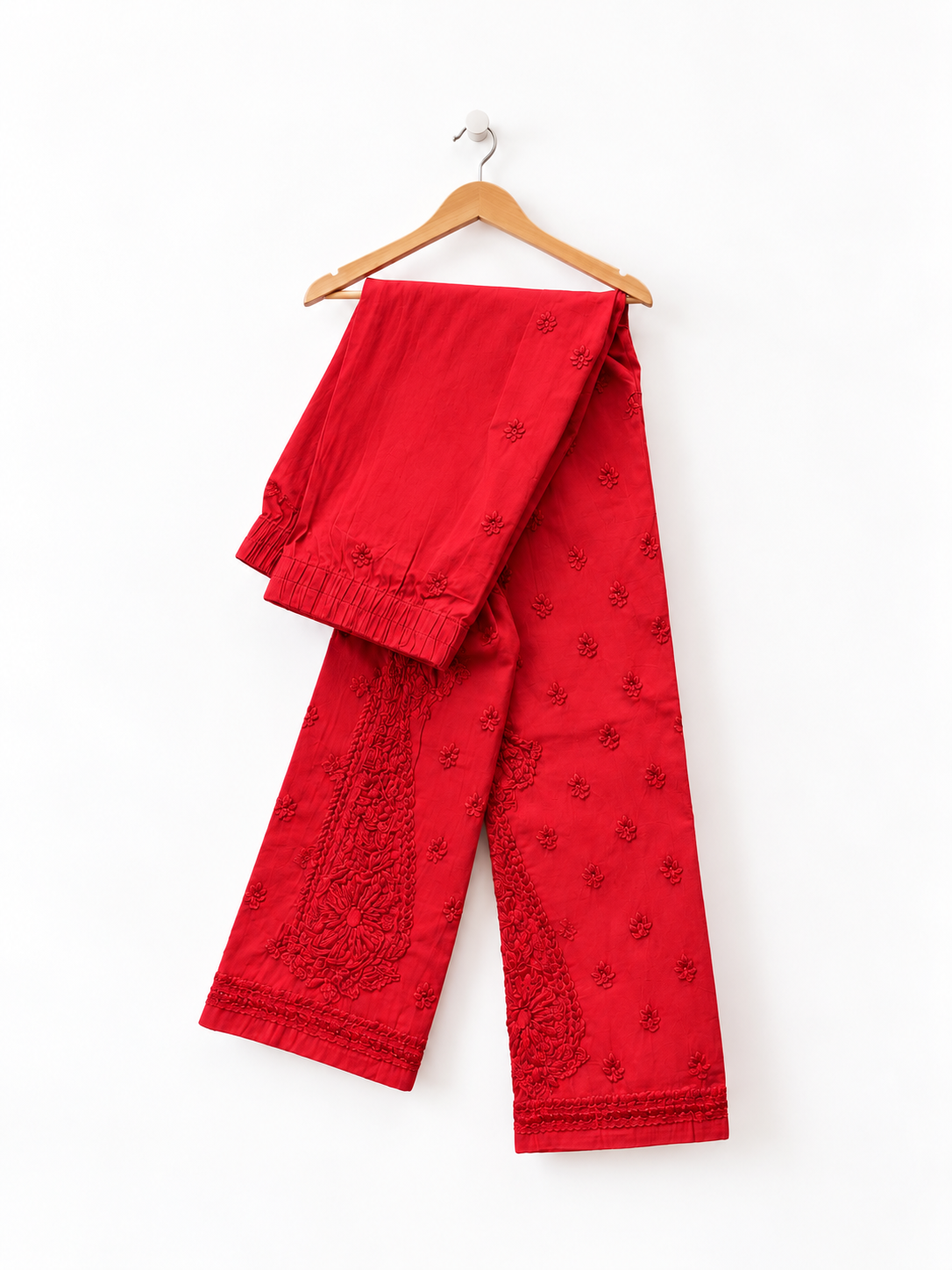 Nyka chikankari cotton pant red on red