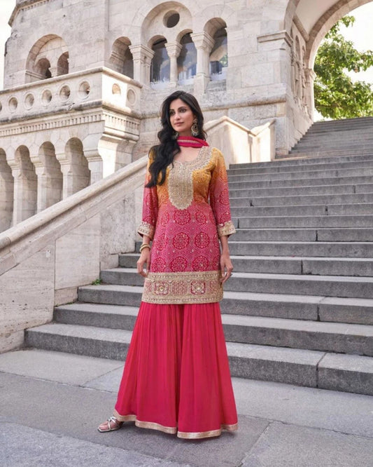 Ombre Pink Chinnon Silk Salwar Kameez with Embroidered Dupatta