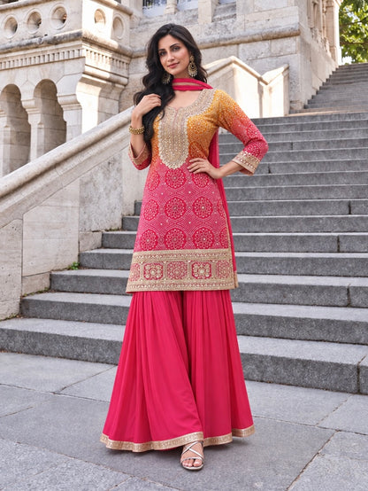 Ombre Pink bandej Silk Salwar Kameez set.