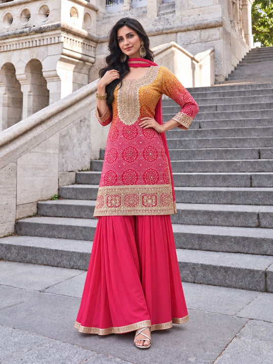 Ombre Pink bandej Silk Salwar Kameez set.