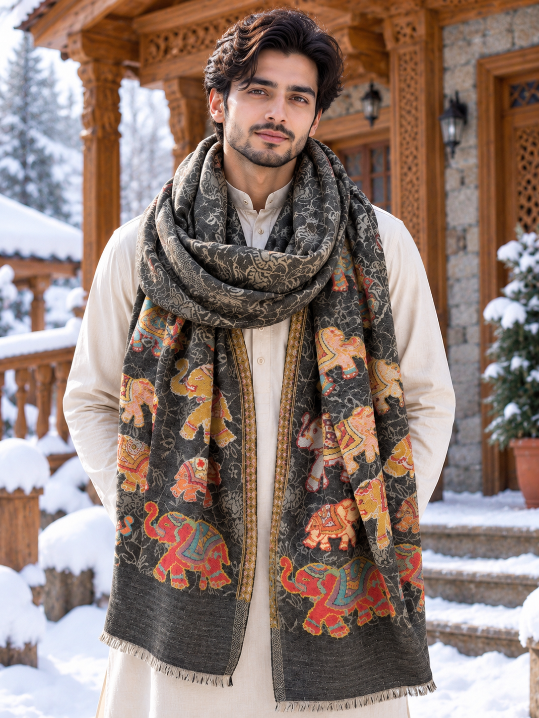 Pashmina Elephant design grey cashmere scarf