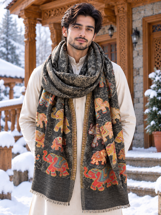 Pashmina Elephant design grey cashmere scarf