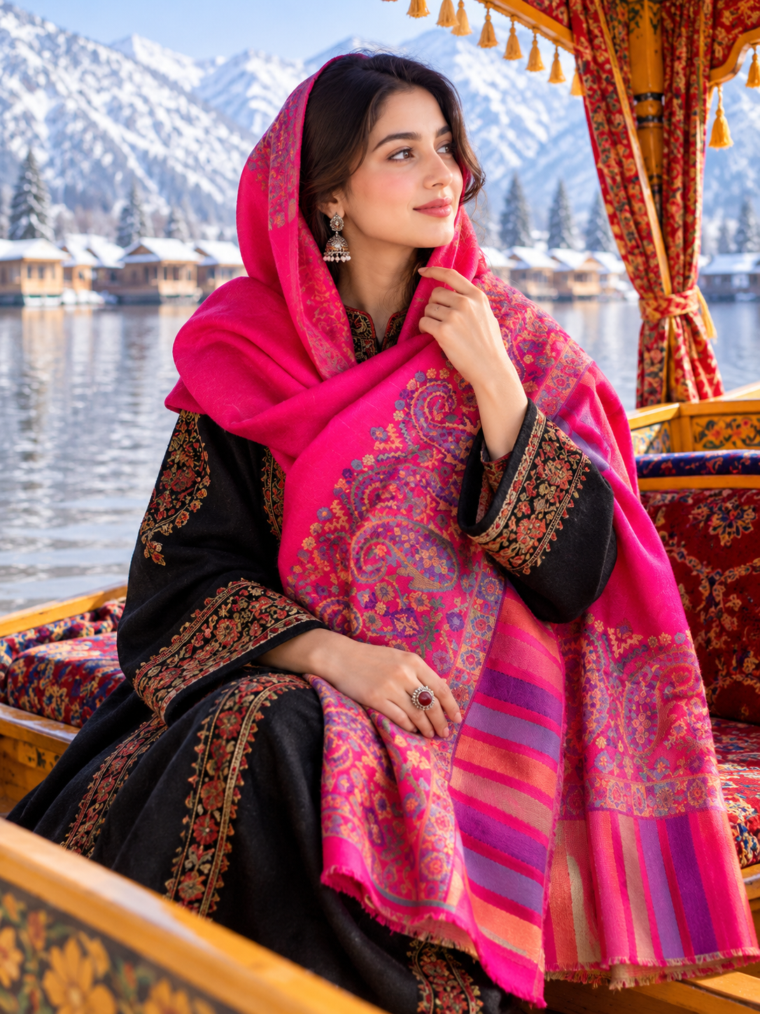 Pashmina kani border fuchia scraf