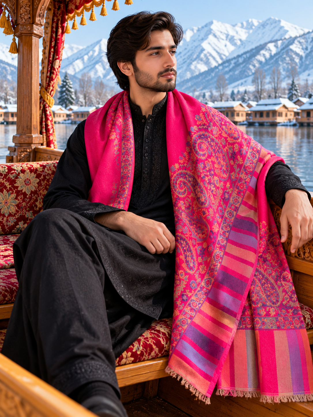 Pashmina kani border fuchia scraf