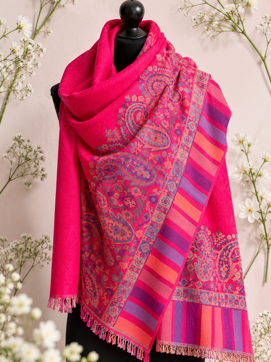 Pashmina kani border fuchia scraf