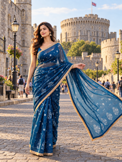 Persian blue Organza chikankari Saree