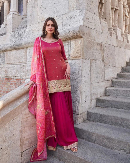 Pink Chinnon Silk Salwar Kameez with Embroidered Dupatta