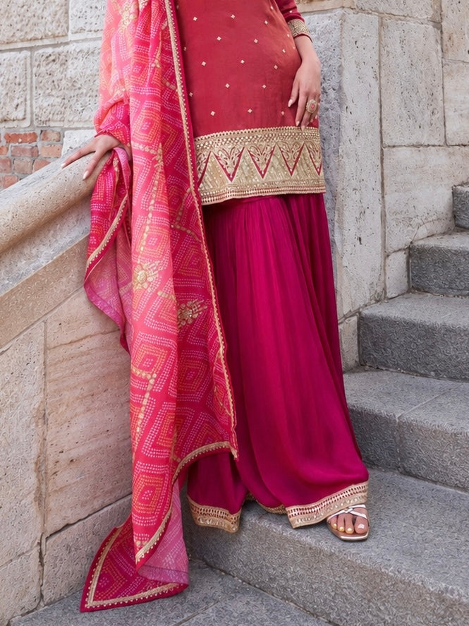 Pink Chinnon Silk Salwar Kameez with Embroidered Dupatta